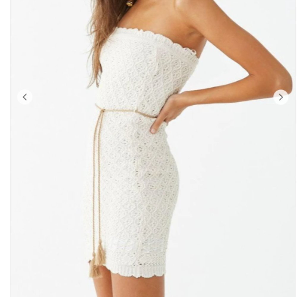 Strapless White Knit Crochet Mini Dress Small